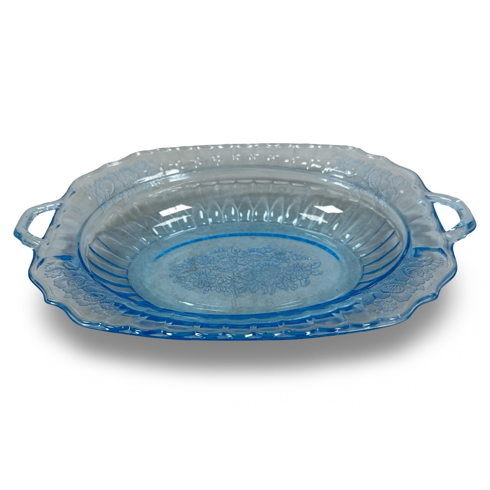 Anchor Hocking Mayfair Open Rose Blue Depression Glass Oval Vegetable Bowl 12"